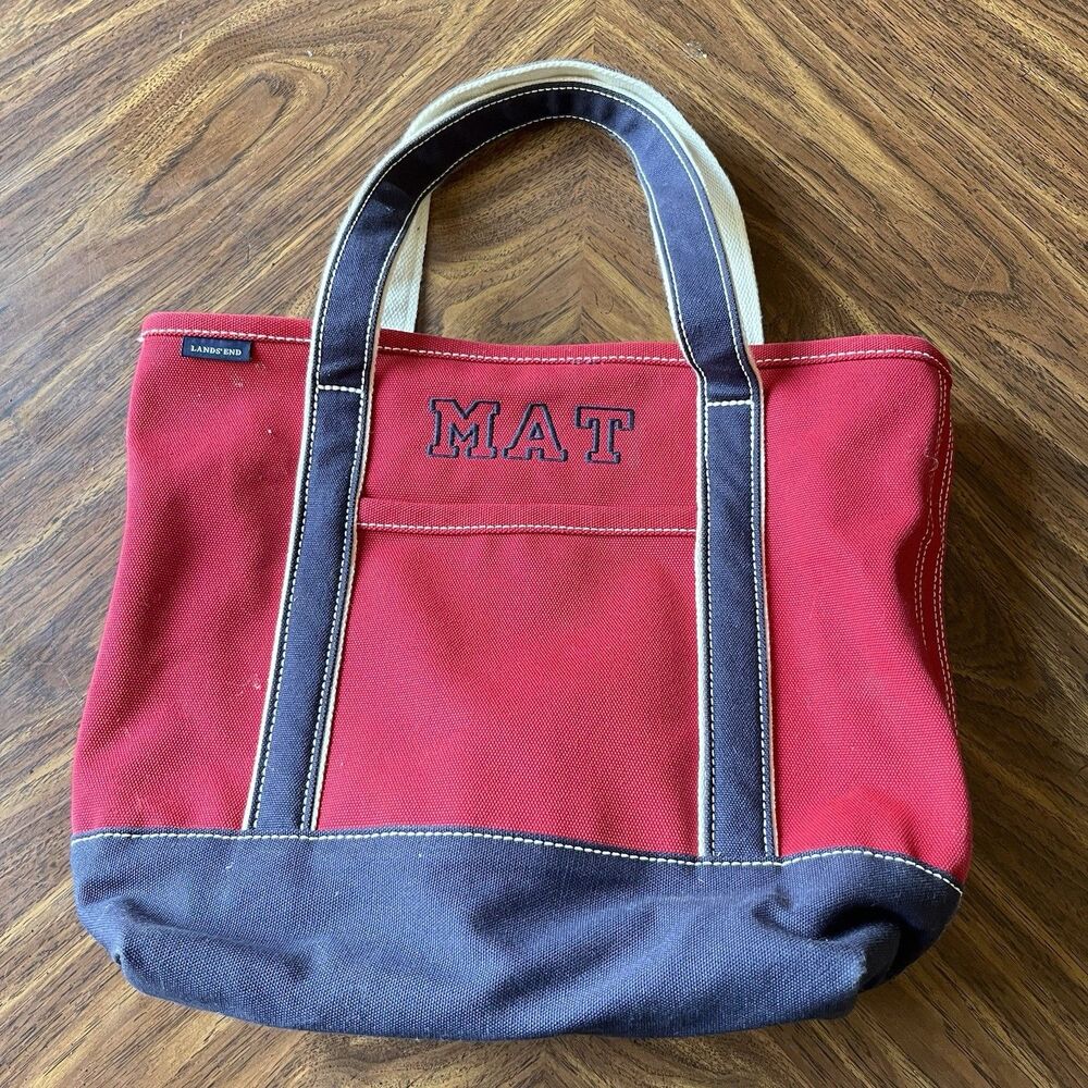 Vintage 90s Lands’ End Red Navy Blue Canvas Tote Bag “MAT” 16"